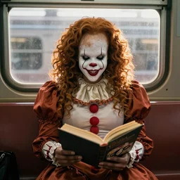 a portrait of lizzo as pennywise sitting next to a window at subway reading a book on sushi, focused expression, golden hour, soft light, horrific, mist, photorealistic art by craig mulins, trending on pxiv, kenne gregoire, trending on artstation