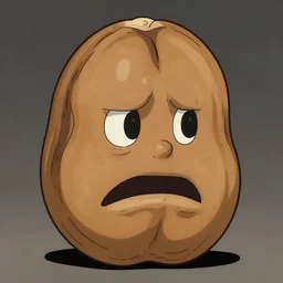 a large nut with two eyes and a mouth looks with condemnation by ron cobb
