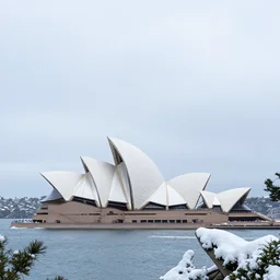 Sydney Harbour in the snow, Sydney Opera house is visible, photograph