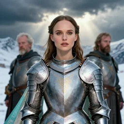 wizard, argentina, natalie portman, hudson river school, max rive, full plate armor, f 1 6, bokeh, gentle, female, snowy mountain, storm clouds, god rays, close up portrait, d & d, fantasy, elegant, teal pink white gold color palette, concept art, roger deakins and greg rutkowski and alphonse mucha