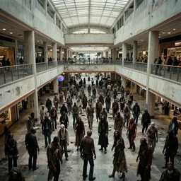 A 1980s abandoned shopping mall filled with hoards of zombies, cinematic