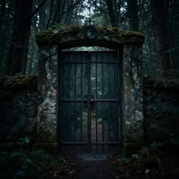 Secret lit iron door portal in dark eerie mysterious forest landscape photography 4k