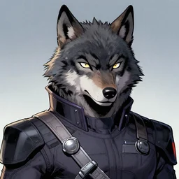 1 9 8 0 s comic book art scan featuring a portrait of villain male wolf o'donnell anthropomorphic wolf furry fursona from starfox wearing a dark space mercenary uniform, dark grey wolf, handsome eyes, wolf o'donnell