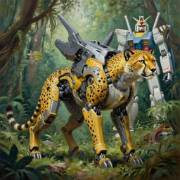 a robotic anthropomorphic humanoid cheetah mecha posing in a jungle, moebius, gundam, national geographic, 4 k, 8 k, highly detailed, sharp, oil on canvas