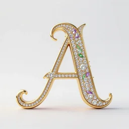 mystical gold and diamond thin curly letter a with fine purple and green details, ultra detailed, centered, octane render, elegant, caustics