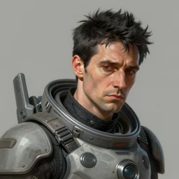 Portrait of a man by Greg Rutkowski, he is about 50 years old, polish and persian mixture, messy black short hair, tall and slim, tired expression, respectable authority figure, he is wearing a futuristic space gear, highly detailed portrait, scifi, digital painting, artstation, concept art, smooth, sharp foccus ilustration, Artstation HQ.
