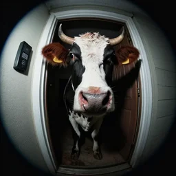 close - up of creepy disfigured cow standing outside my front door at night, fish - eye - lense, horror photo, doorbell camera