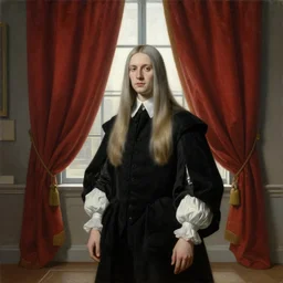 museum painting, wide - shot, pale beautiful young male man, mouse greyish blonde hair, long, smooth straight!! shoulder - length!! hair, dressed in 1 7 th century, black clothes, white clothes, gloves, background is the rich curtain!!! on a window, sharp focus, highly detailed, digital art, oil painting, masterpiece, artgerm, rutkowski