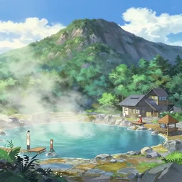 onsen, on a mountain, by wlop, anime key visual, poster