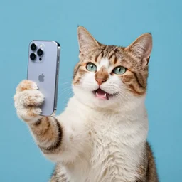 color studio photo a cat taking a selfie, cat holding phone, smiling, detailed