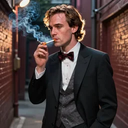 Heath Ledger smoking a cigarette back alley of prom, well lit, masterpiece virtuosic painting, high quality, visual, sharp, backlit, gorgeous lighting
