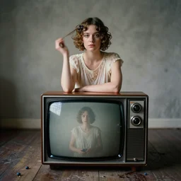 kodak portra 4 0 0, wetplate, a gigantic huge vintage television on the floor, muted colours, blueberry, 1 9 2 0 s style, motion blur, portrait photo of a backdrop, concrete, wood, fog, by georges melies and by britt marling