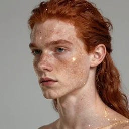 portrait of a thin young man with long red hair, ponytail, a lot of freckles on his faceglowing lighting, intricate, elegant, glowing lights, highly detailed, digital painting, artstation, concept art, smooth, sharp focus, illustration, art by wlop, mars ravelo and greg rutkowski