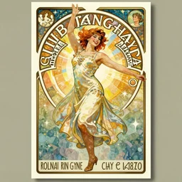 art nouveau champagne poster with a happy girl dancing cancan