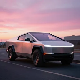 a Tesla Cybertruck car on the street, pink sunset, dramatic lighting