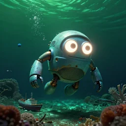 detailed effervescent underwater ocean scene, a funny sea robotic monster creature with large glowing eyes, floats by camera, next to a small shipwreck on the seabed, by maurice sendak, shaun tan made in hyperrealistic 3 d, octane render, dark green colours, sharp focus, 8 k, nighttime