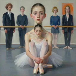 portrait of nervous young girl ballerina sitting on the floor focusing in a dance hall by beeple and hernan bas and francis bacon and pat steir and hilma af klint, psychological, photorealistic, symmetrical face, dripping paint, washy brush, matte painting, rendered in octane, altermodern, masterpiece