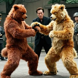 still of nicolas cage beating up furry cosplayers, 4 k, 3 5 mm, choreographed fight scene, beautiful composition, shot by director park chan - wook