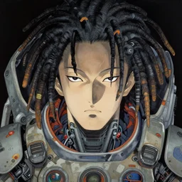 a beautiful ukiyo painting of robot with dreadlocks, wearing space techwear, detailed symmetrical close up portrait, intricate complexity, by takato yamamoto, wlop, krenz cushart. cinematic dramatic atmosphere, sharp focus