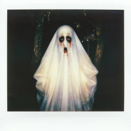 an instant photo of a handsome but sinister ghost of a man in layers of fear, with violence in his eyes, 1 9 7 0 s, seventies, woodlands, delicate embellishments, a little blood, crimson, painterly, offset printing technique, by alexandre cabanel, volumetric lightning, moorlands behind him