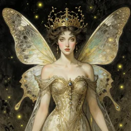 portrait of faerie with butterfly wings, elegant, regal, intricate, fireflies in background, highly detailed, digital painting, artstation, concept art, sharp focus, painterly ink illustration, art by artgerm and greg rutkowski and alphonse mucha