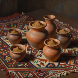 a painting of a few small clay pots containing brown powder disposed on a beautiful indigenous fabric, matte painting, by christophe vacher