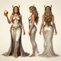 character design turnaround!!! sheet, concept art, front, side, back, eris goddess of chaos, holding gold apple, multiview
