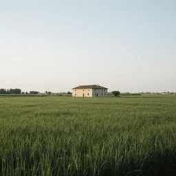 A serene landscape with a singular building in the style of Marco Bucci.