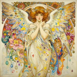 an intricate oil painting of a beautifull angel portrait surounded by hiper detailed inkdrop in water, flowers, fluid acrilic art, melting colorfull wax, coloful flower petals, colorfull, excelent composition, wide shot, by yoshitaka amano, by greg rutkowski, by alphonse mucha by jeremyg lipkinng, by rhads, by ross
