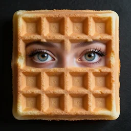 realistic photograph of square shaped waffle, topped with human eyes