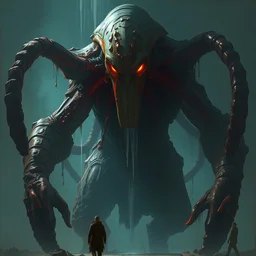 cthulhu in humanoid form, towering over you with glowing eyes, water dripping, highly detailed concept art painting, digital art, trending on arstation, by greg rutkowski and ismail inceoglu and midjourney