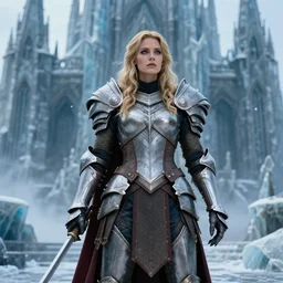 gorgeous female paladin standing outside icecrown citadel. Cinematic. Photograph taken with Canon A40