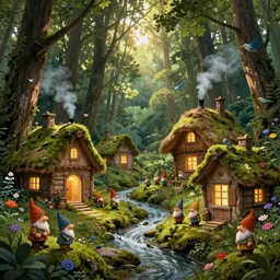 forest grove, little gnomes, wooden moss covered houses, birds, flowing streams, cobblestone, windows lit up, thatched roofs, smoke puffing from chimneys, great forest trees, beautiful flowers, magical sunlight, yoshitaka amano, stunning, trending, best ever digital illustration,