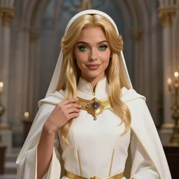 Pretty Female Cleric, white robes, golden details!, church background!, golden hair, green eyes, light brown skin!, detailed face, cute smile, Alluring, DND, D&D, low fantasy, by WLOP, Stanley Artgerm Lau, frank frazetta, Rossdraws, James Jean, artgerm, trending on Arstation, artstationHD, artstationHQ, cgsociety, HD 16K, extremely detailed, face details!, NO EXTRA ARMS!, pose