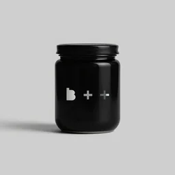 minimalistic logo with typed text b + +, on black jar, advert,