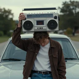 a man holding up a thomson retro portable in front of a car, pinterest contest winner, american romanticism, sadpeople aesthetic, the boombox scene in say anything, by john carpenter
