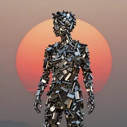 random metal pieces forming the shape of a person silhouetted by a red sun, smooth, sharp focus, 24mm lens, DOF, abstract, art by Artem Demura and Greg Rutkowski and Ruan Jia and Norman Rockwell