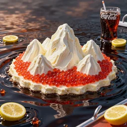 an island made of red caviar, in the center of this island there are several mountains made of white ice cream, the water around this island is made of coca - cola ( dark brown water ), the photo was taken from a boat, lemon slices float on the water
