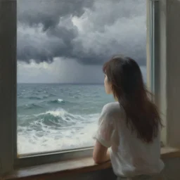a girl pensively looking out the window where a stormy clouds above a tumultuous sea, painting by jeffrey smith