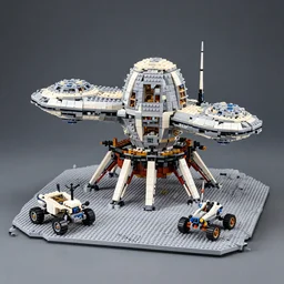 wide shot lens photo of a very intricately detailed lego moonbase kit diorama designed by a master builder, with an epically shaped alien lego mothership ufo, lego rover, a moon buggy