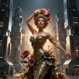 Beautiful 3d render portrait of the queen of flowers in a sensual pose, in the style of Dan Mumford, with tall and crowded futuristic cyberpunk voxel buildings in the background, cinematic, dramatic lighting, symmetry
