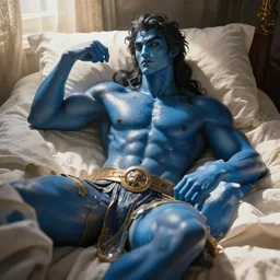 photo shot of oiled up glossy 1 8 y. o. muscular genie with blue skin, posing in bed, morning sunlight, greek, dramatic, romantic, detailed, realistic, in style of j. c. leyendecker