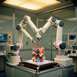 a complex bifurcated robotic cnc surgical arm cybernetic symbiosis hybrid mri 3 d printer machine making colored organic ceramic fractal forms in a glass room laboratory room with control panels, golden hour overhead lighting, film still from movie by stanley kubrick, wide lens, f 3 2,