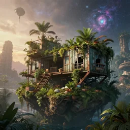 a beautiful ultradetailed render of container home urbex abandoned by peter doig, atlantis junglepunk liberty city san andreas cosmic elysian galactic fantasy wilderness retro assassin's creed postcyberpunk universe bioshock architecture island nature at dawn at dusk reclaimed by nature, archdaily, wallpaper, highly detailed, trending on artstation.
