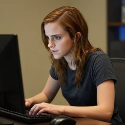 Emma Watson on her computer playing World of Warcraft. Ungroomed. Unshowered. Bad Hair Day.