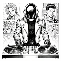 daft punk, djing on turntables, cyberpunk 2 0 2 0 manual, by steampoweredmikej, by tim bradstreet, inktober, ink drawing, black and white, coloring pages, manga, highly detailed