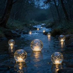 glowing glass orbs floating down a river, evocative, mystical night, detailed, award winning, trending on artstatioon artwork