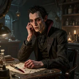 detailed photorealistic matte painting night portrait of single neurotic british man thin face confidant vampire in a dusty underground lab cluttered with paraphernalia bloody knife on table scattered runes atmospheric hdr vivid color octane render unreal engine subsurface scattering greg rutkowski artstation
