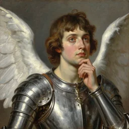 portrait of an angel thinking and contemplating on life. oil painting by jan matejko, soft lighting, classical art, oil on canvas, wet - on - wet technique, close up on face. detailed armour, beautiful, elegant, sharp focus, highly realistic, intricate textures, illusionistic detail,
