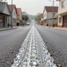 5 5 mm portrait photo of a street leading to the town, made of glassy spun diamond ; and a ridge running down the middle had guide - wires and thought - ports, lines and beads of smooth ceramic, glinting in the surface. 8 0 s atmosphere. art by greg rutkowski. highly detailed 8 k. intricate. lifelike. soft light. nikon d 8 5 0.